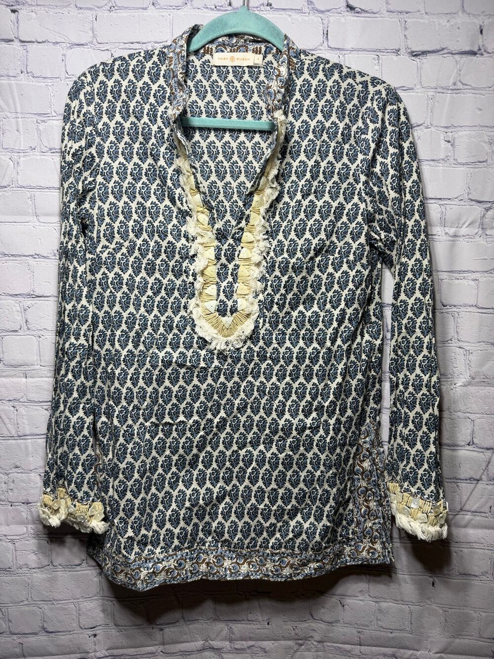 Tory Burch Womens Long Sleeve Patterned Tunic Top Beaded Sz 6